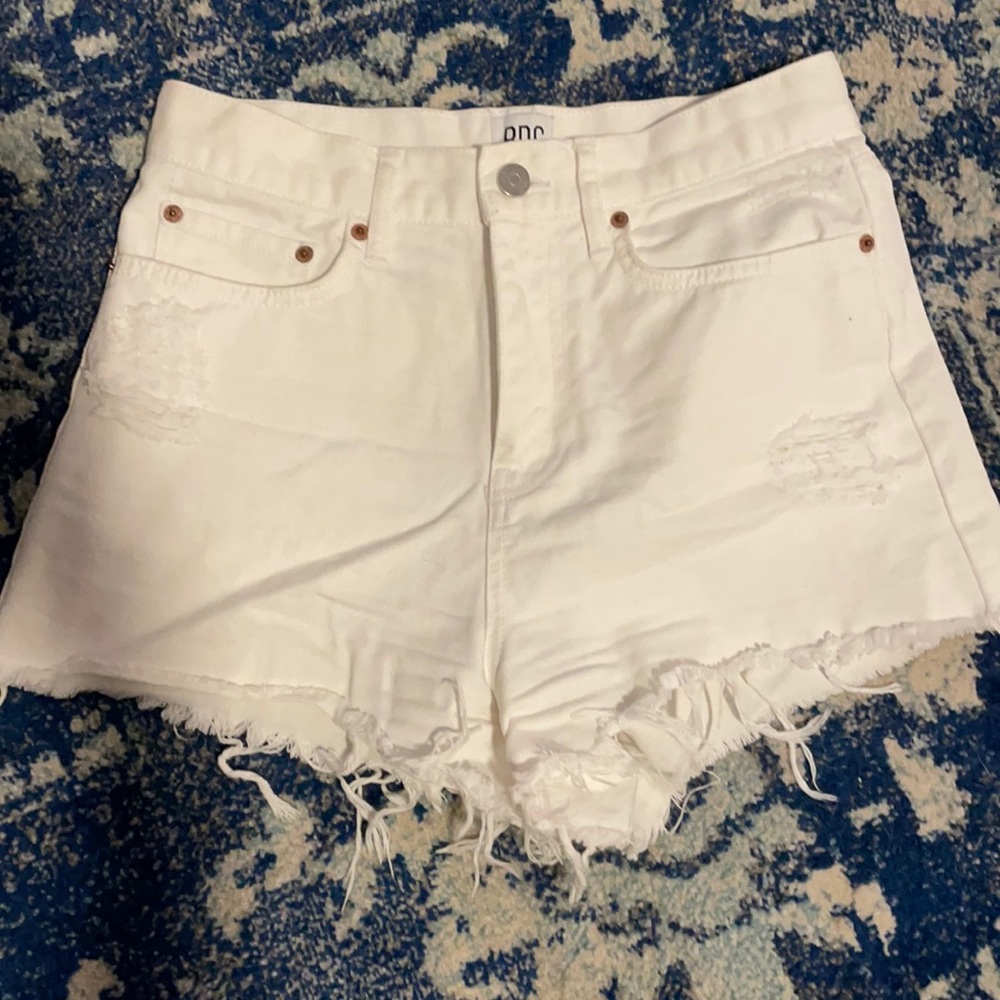 BDG white high rise jean shorts.